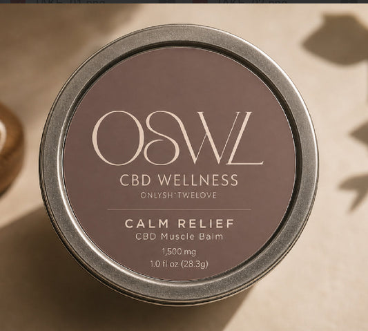 OSWL Calm Relief full-spectrum CBD muscle balm tin 1500mg — top-down view on warm sand surface with leaf shadows