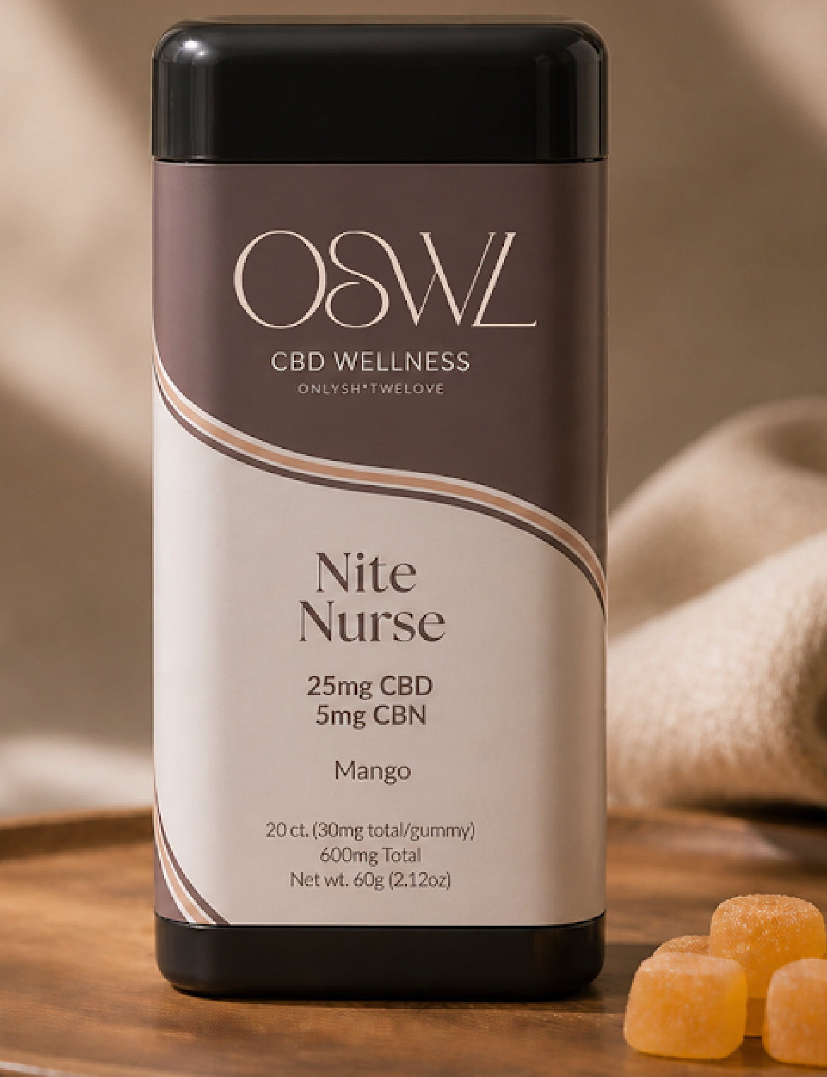 OSWL Nite Nurse CBD CBN sleep gummies jar — 25mg CBD 5mg CBN mango flavor on warm wood surface
