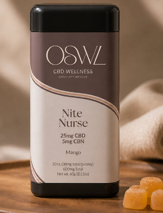 OSWL Nite Nurse CBD CBN sleep gummies jar — 25mg CBD 5mg CBN mango flavor on warm wood surface